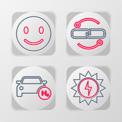 Set line Solar energy panel, Hydrogen car, Chain link line and Smile face icon. Vector