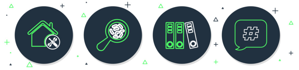 Set line Microorganisms under magnifier, Office folders, House service and Hashtag speech bubble icon. Vector