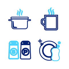 Set line Washing dishes, Salt and pepper, Coffee cup and Cooking pot icon. Vector