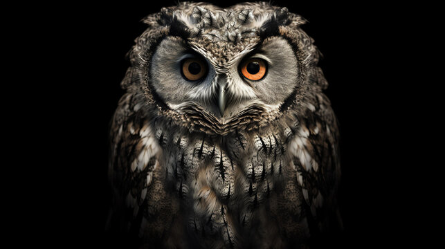 Isolated Detailed Lovely Owl On Black Background, Generative Ai
