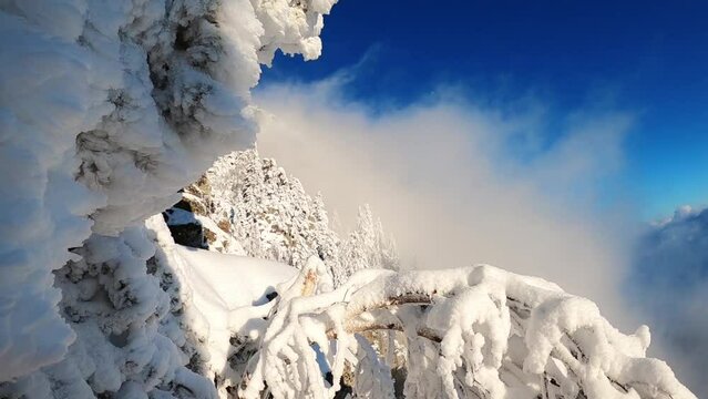 Snowy rocky landscapes of Cozia National Park, Romania in winter