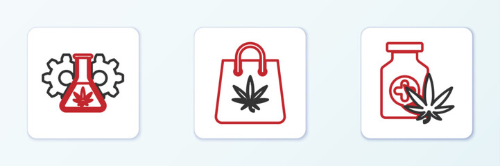Set line Medical bottle with marijuana, Test tube and Shopping bag of icon. Vector