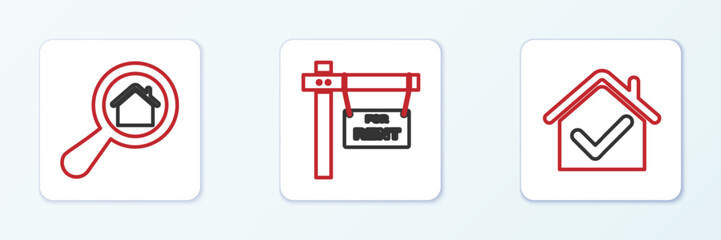 Set line House with check mark, Search house and Hanging sign For Rent icon. Vector