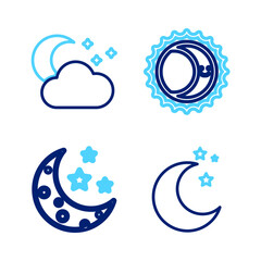 Set line Moon and stars, Eclipse of the sun and Cloud with moon icon. Vector
