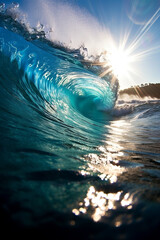 Big blue Ocean wave close up at sunrise, Generative AI