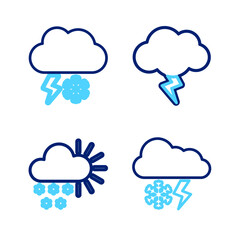 Set line Cloud with snow and lightning, Cloudy, Storm and icon. Vector