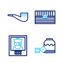 Set line Pirate game dice, Wanted poster pirate, Antique treasure chest and Smoking pipe icon. Vector