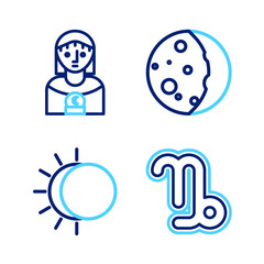 Set line Capricorn zodiac, Eclipse of the sun, and Astrology woman icon. Vector