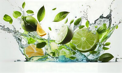 Water splash with lime slices on white background, mint leaves, and ice cubes as a concept for summertime libations. Generative AI