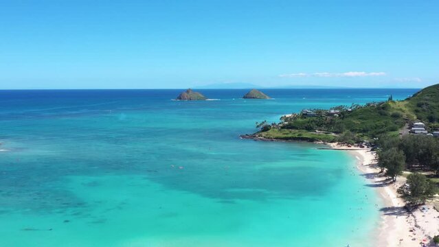 Aerial view of the Pacific ocean and Mokulua islands, Hawaii, Oahu