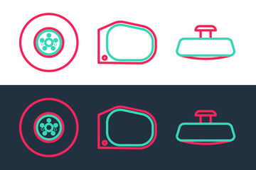 Set line Car mirror, brake disk and icon. Vector