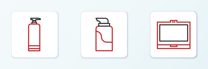 Set line Makeup powder with mirror, Cream cosmetic tube and icon. Vector