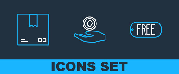 Set line Price tag with text Free, Cardboard box traffic symbol and Hand holding coin money icon. Vector