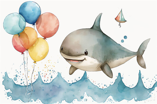 Happy Baby shark with balloons. Happy Birthday. Holiday concept, watercolor illustration. Generative AI.
