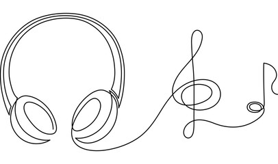 Headphone one line art,hand drawn device gadget continuous contour.Listening music wireless online concept,technology for audition songs and playlists template outline.Editable stroke.Isolated.Vector