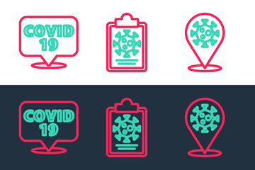 Set line Corona virus 2019-nCoV on location, and Clipboard with blood test results icon. Vector
