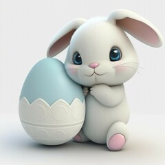 Small white bunny sitting with a blue and white egg (ai generated)