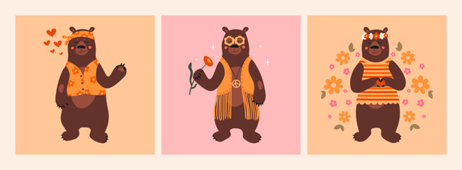 Set of three hippie bears. Animals in brights clothes in the style of the 70s. Peace and Love. Idea for print, postcard, poster, t-shirt. Hand drawn colored vector illustration