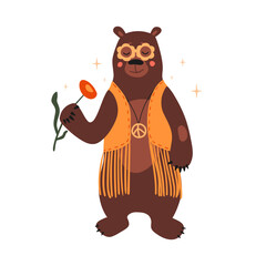 Naklejka premium A cute bear in glasses in the style of the 70s. Animal in a yellow vest is holding a flower. Idea for print, postcard, poster, t-shirt. Vector illustration in hand drawn isolated on white
