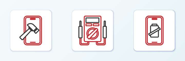 Set line Smartphone battery charge, Mobile with broken screen and Multimeter icon. Vector