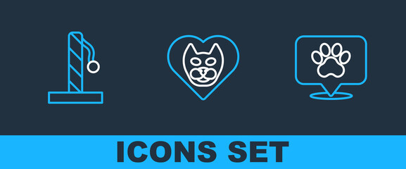 Set line Location veterinary hospital, Cat scratching post and Heart with icon. Vector