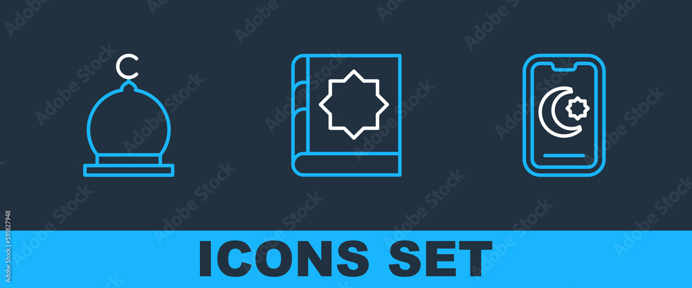 Poster set line star and crescent, muslim mosque and holy book of koran icon. vector