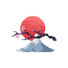 Fototapeta premium Pixel art Fuji mountain icon. Vector 8 bit style illustration of japanese mountain and sakura. Decorative travel element of retro video game computer graphic for game asset, sprite, sticker or web.