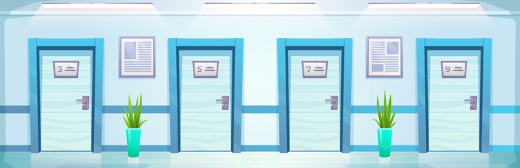 Hospital corridor with room door vector cartoon background. Emergency hallway in clinic with light blue wall and entrance to cabinet or ward with number. Empty ambulatory panorama - obrazy, fototapety, plakaty
