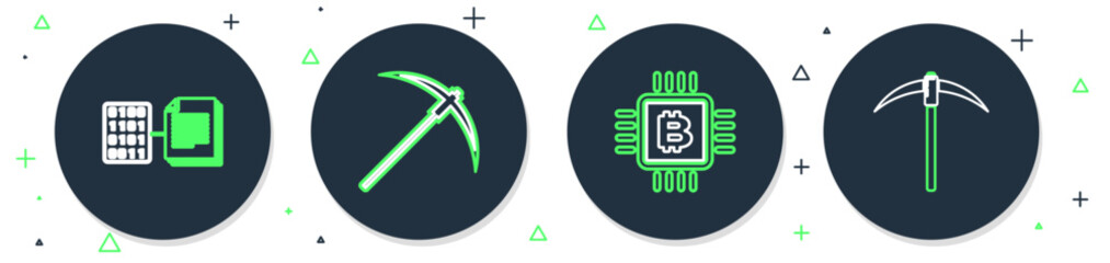 Set line Pickaxe, CPU mining farm, Smart contract and icon. Vector