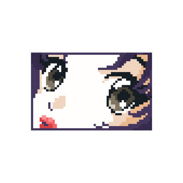 Pixel art anime eyes icon. Vector 8 bit style illustration of manga girl eyes in frame. Kawaii decorative anime element of retro video game computer graphic for game asset, sprite, sticker or web.