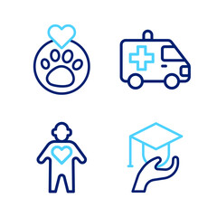 Set line Education grant, Volunteer, Ambulance car and Heart with animals footprint icon. Vector