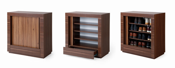 wooden cabinet shoe different angle isolated on white background 