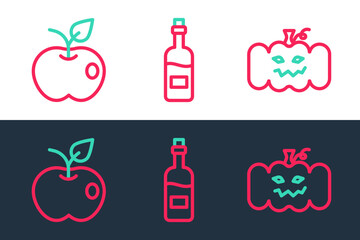 Set line Pumpkin, Apple and Bottle of wine icon. Vector