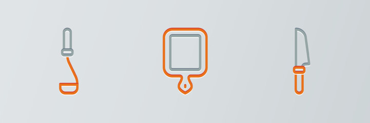 Set line Knife, Kitchen ladle and Cutting board icon. Vector