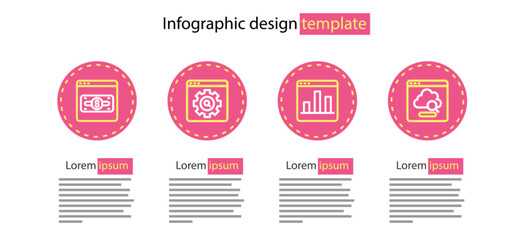 Set line Graph chart infographic, Cloud technology data transfer, Browser setting and Online shopping on screen icon. Vector