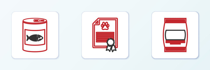 Set line Bag of food, Canned for cat and Certificate dog icon. Vector