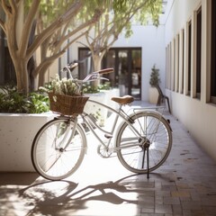Fototapeta na wymiar White bike with basket in building yard, created using generative ai technology
