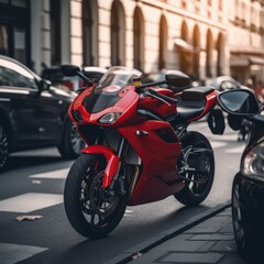 Fototapeta na wymiar Red motorbike on city street, created using generative ai technology