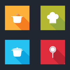 Set Cooking pot, Chef hat, and Frying pan icon. Vector