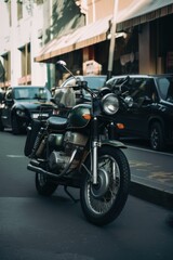 Obraz na płótnie Canvas Silver motorbike in city street, created using generative ai technology
