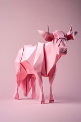 Close up of origami figure of bull on pink background, created using generative ai technology