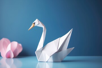 Close up of origami figure of swan on blue background, created using generative ai technology - obrazy, fototapety, plakaty