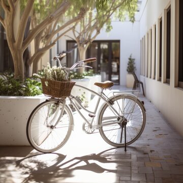 White bike with basket in building yard, created using generative ai technology