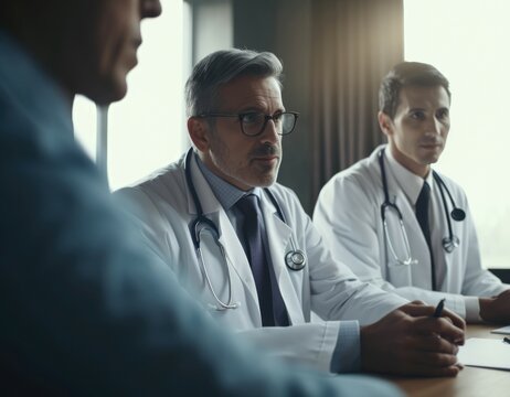 Diverse male doctors sitting at table, created using generative ai technology