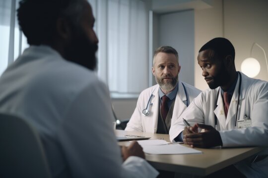 Diverse male doctors sitting at table, created using generative ai technology
