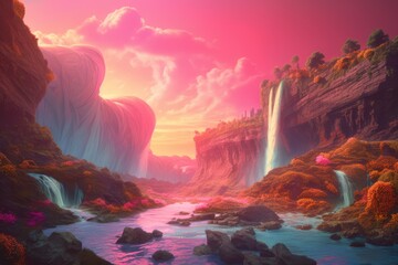 Fantasy landscape with waterfalls, river and mountains created using generative ai technology