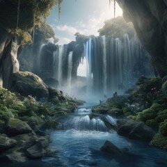 Fantasy landscape with waterfalls and river created using generative ai technology