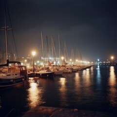 Fototapeta na wymiar Port with sailing boats and buildings at night created using generative ai technology