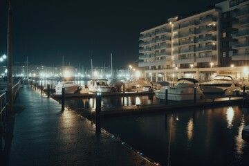 Port with sailing boats and buildings at night created using generative ai technology