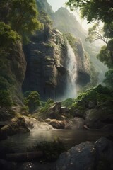 Naklejka na ściany i meble Fantasy landscape with waterfalls, forest and mountains created using generative ai technology